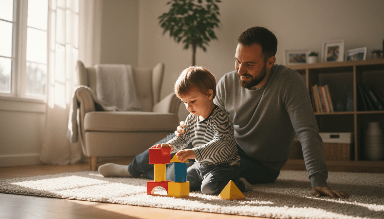 Father and child playing together at home
