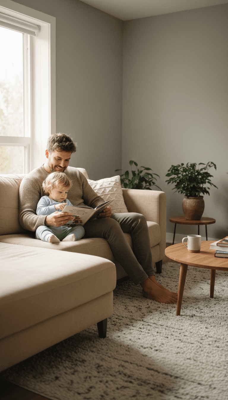 Father and child reading together on couch