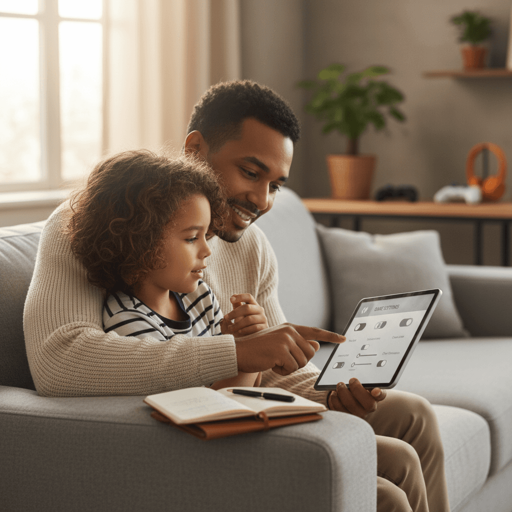 Parent and child examining parental control settings on tablet together in bright home living room