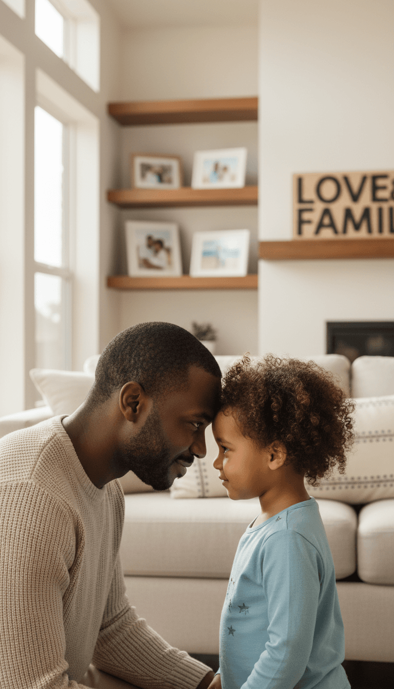 Single parent and child sharing a warm, loving moment of genuine connection in a bright, comfortable home