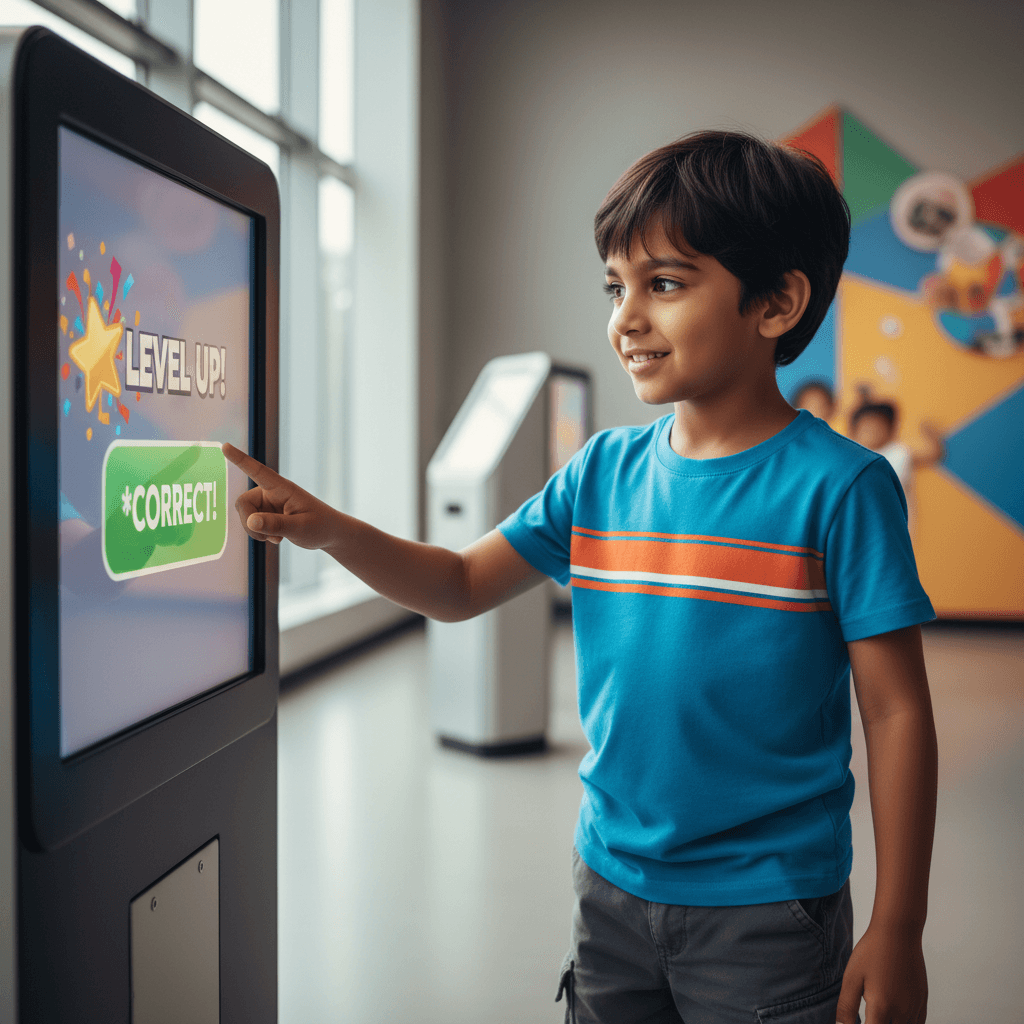 Child confidently interacting with interactive quiz game station, displaying focused expression and achievement on digital interface