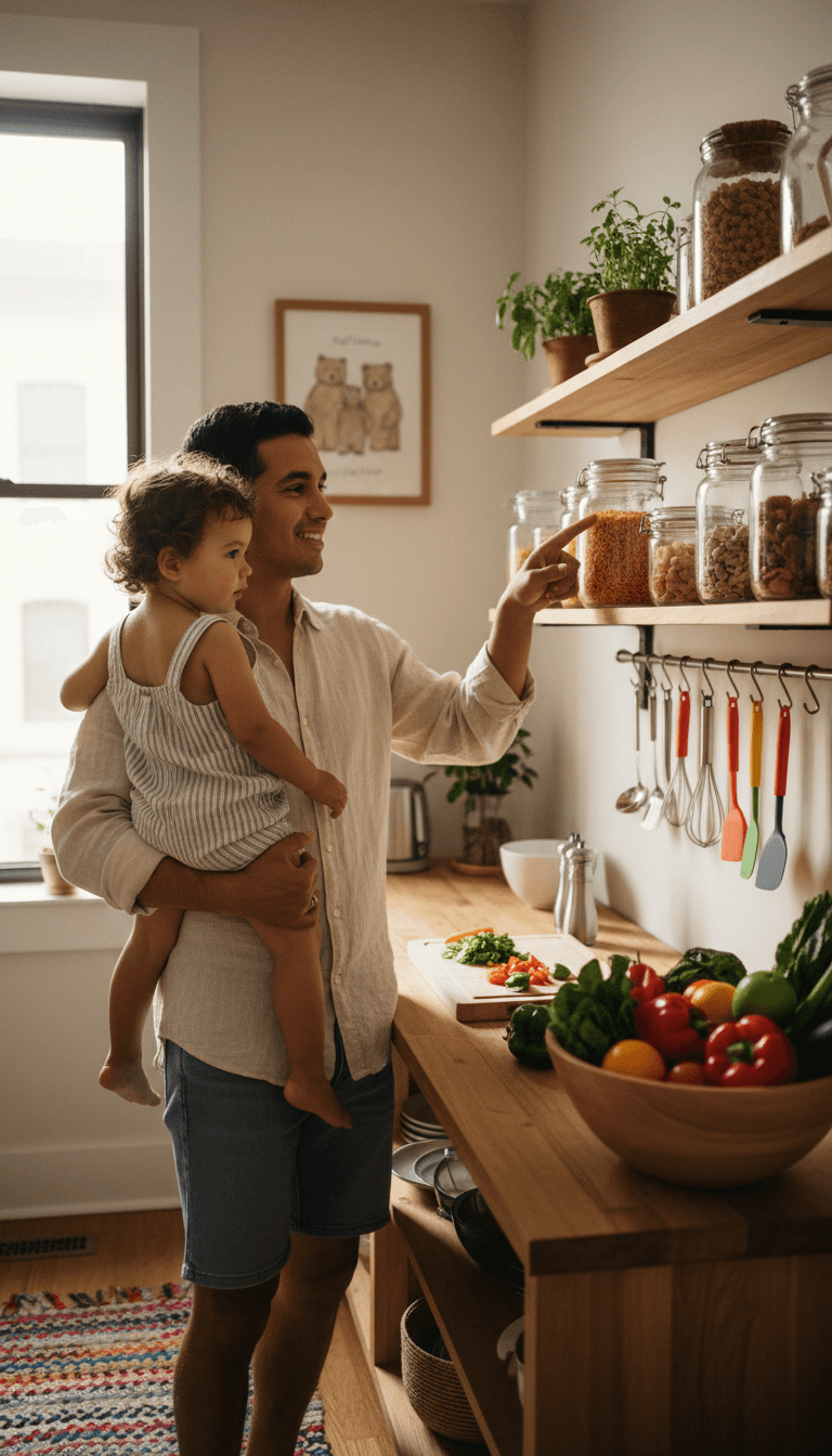 Parent holding young child in organized, sunlit kitchen surrounded by visible fresh ingredients and labeled storage containers