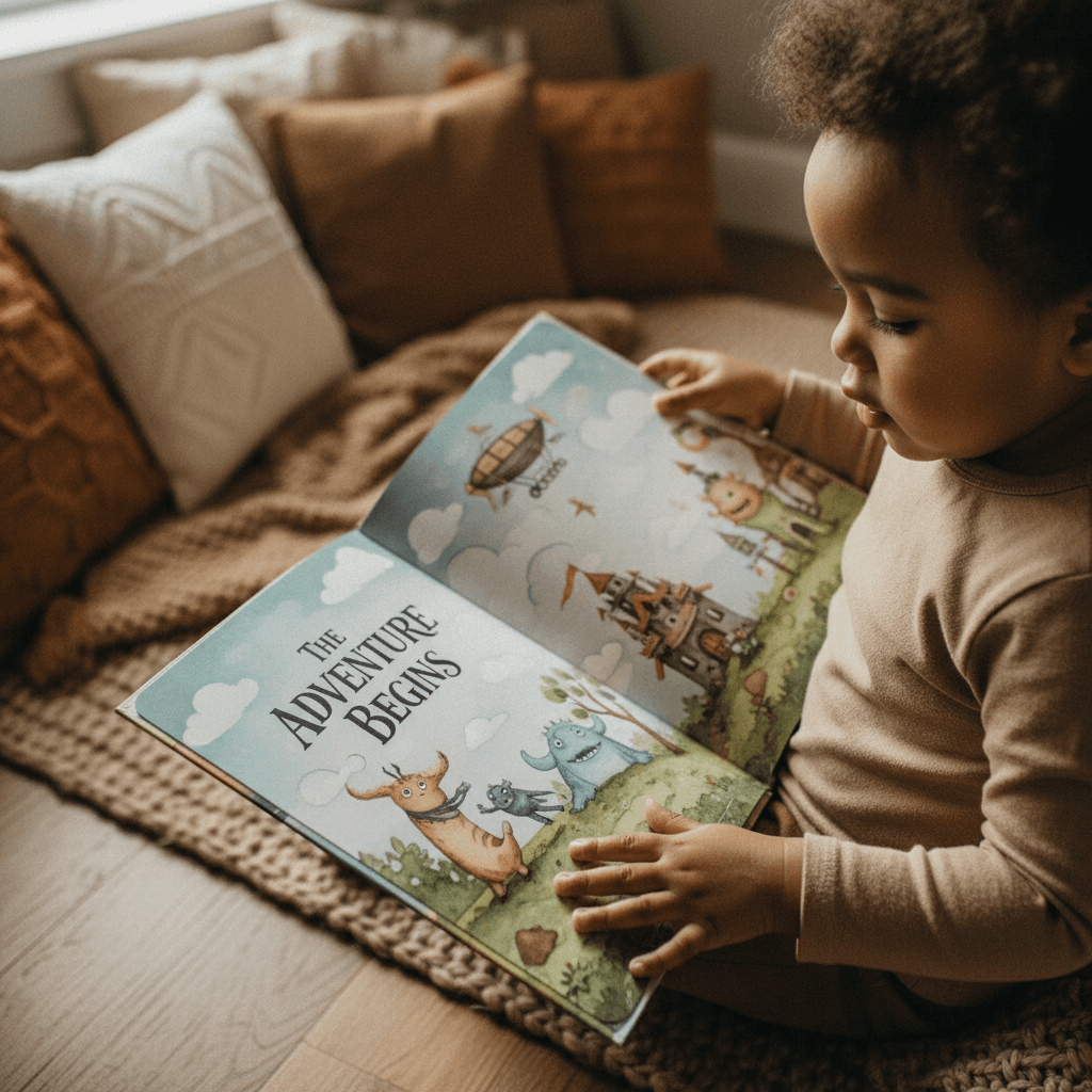 Young child with dark skin tone reading colorful illustrated storybook in cozy reading nook with soft natural light